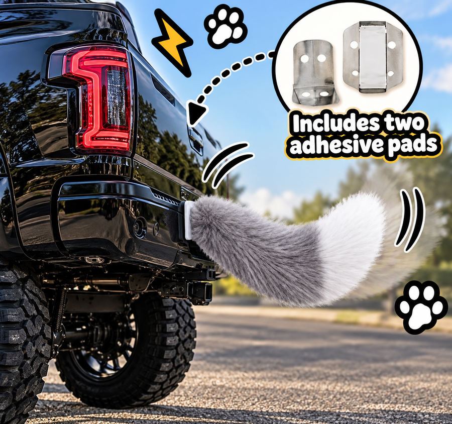 Fluffy gray and white tail attached to a truck with adhesive mounting pads shown